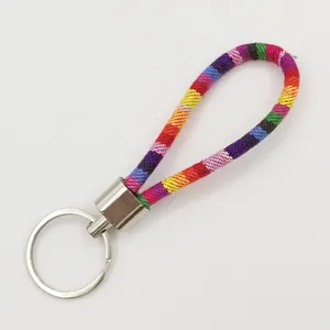 Handmade colorful ethnic style woven fabric lanyard keychain with silver metal ring