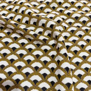 Vintage French style ginger yellow shell pattern knit jacquard chenille upholstery fabric.
