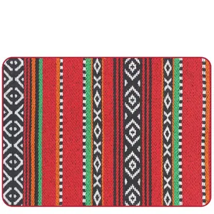 Tessuto jacquard etnico a righe rosse per borse e tappezzeria con motivi geometrici