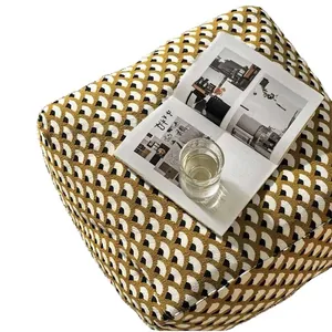 Vintage French style mustard yellow shell pattern jacquard pouf floor cushion cover