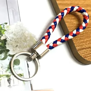 Hand-braided tricolor leather rope keychain in red white and blue for car keys and backpacks