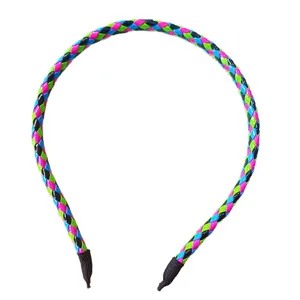 Handmade colorful braided leather headband for women featuring a thin neon weave design