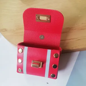 Retro red faux leather mini square bag keychain pendant with gold-tone hardware accents