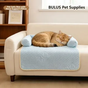 Soft blue quilted pet cooling mat and sofa protector with bear pattern