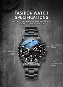 Detailed view of men's black sports watch showing 44mm dial diameter and 12mm thickness