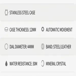 Comprehensive technical specifications for automatic mechanical watch with 44mm dial diameter
