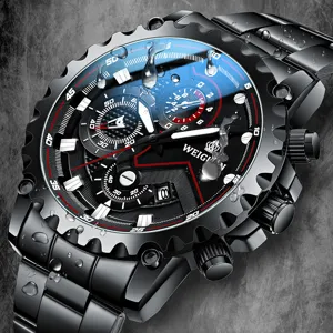 Waterproof black sport watch for men with calendar and durable metal link bracelet
