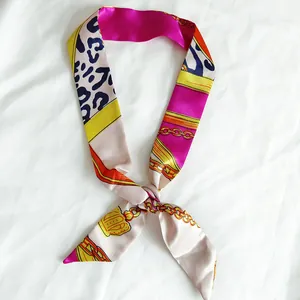 Skinny satin silk scarf with leopard and crown print, stylish accessory for handbag handle