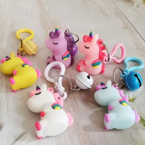 Colorful unicorn silicone keychains with bells and plastic clips for bag decoration