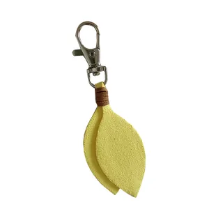 Minimalist yellow Korean velvet leaf keychain with silver metal lobster clasp