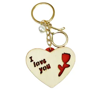 Porte-clés cœur en bois créatif gravé I love you avec accessoire de breloque en perle élégant