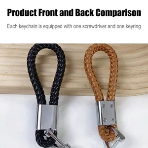 Detailed view of braided leather keychains showing front and back with included tools
