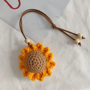 Handcrafted crochet sunflower keychain car pendant with leather cord and wooden beads