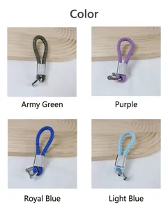 Detailed view of braided PU leather keychains in army green, purple, and blue colors