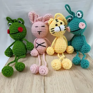 Handmade crochet animal keychains set featuring frog rabbit tiger for bag charms