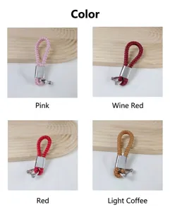 Detailed four-color display of braided PU leather car keychains with metal horseshoe buckles.