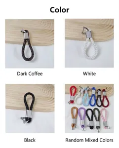 Detail view of braided PU leather keychains with horseshoe buckles in various colors