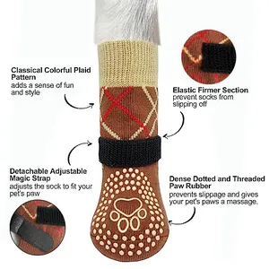 Chaussettes antidérapantes pour chiens avec sangles réglables et motif écossais coloré