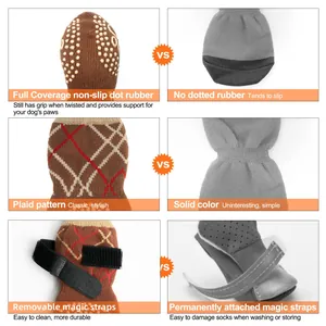 Tableau comparatif de chaussettes antidérapantes pour chiens avec motif à carreaux