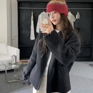 Korean style trendy fuzzy rainbow beanie hat and dark fleece jacket for autumn winter
