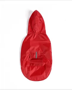 Detailed back view of a red waterproof hooded dog raincoat featuring a reflective pocket strip