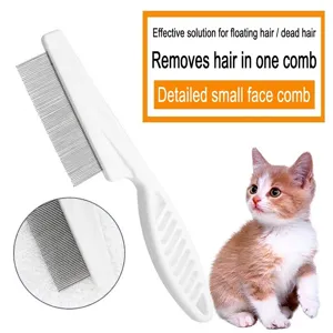 Pet fine-tooth flea comb with white ergonomic handle for cat and dog hair removal
