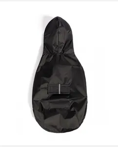 Detailed view of black waterproof pet raincoat featuring a reflective strip on the back