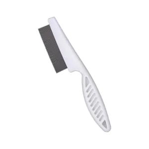 White pet flea comb with dense metal teeth for grooming cats and dogs efficiently.