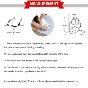 Measurement guide for waterproof non-slip dog shoes with paw sizing instructions