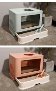Große geschlossene Katzentoilette mit Schublade und Massagebürste in Grün und Rosa Farben