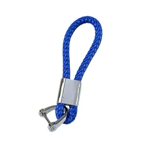 Blue braided PU leather car keychain with silver metal horseshoe buckle for accessories