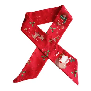 Festive Christmas themed red skinny silk scarf with Santa and reindeer patterns