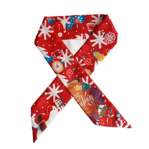 Red Christmas silk scarf ribbon with festive holiday patterns for gift decoration