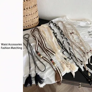 Dames Boheems Gevlochten Katoenen Taille Riem Etnische Stijl Kwastje Kraal Gevlochten Touw Verstelbare Tailleband Voor Jurk Decoratie