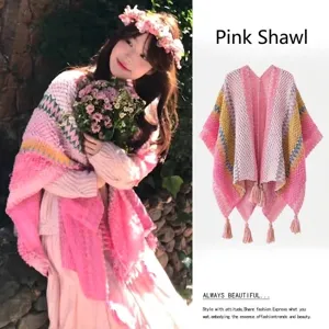 Etnische Boheemse Gebreide Sjaal Cape Voor Vrouwen Kwasten Franje Poncho Wikkel Retro Geometrisch Patroon Polyester Bovenkleding Voor Reizen Vakantie