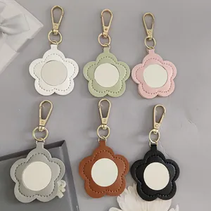 Floral PU Leather Keychain with Portable Makeup Mirror For Women Bag Pendant Accessory Gold Silver Lobster Clasp Key Ring Gift