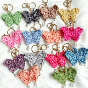 Handmade Crochet Butterfly Keychain With Artificial Pearl Tassel Cute Yarn Knit Bag Pendant Ins Style Key Ring Gift For Women