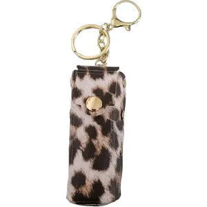 Fashionable leopard print PU leather lipstick holder keychain with gold-tone hardware