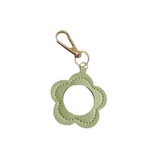 Flower shaped PU leather keychain with portable makeup mirror for bag charms deco