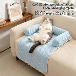 Comfortable light blue quilted pet cooling mat for sofa protection with sleeping cat