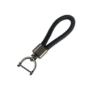 Handmade black braided leather keychain with gunmetal horseshoe D-ring buckle loop