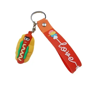 Cute cartoon hotdog keychain with red PVC love wrist strap for bags and car keys