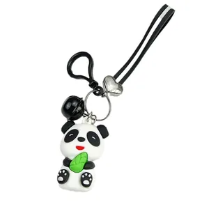 Cute cartoon panda keychain made of PVC soft rubber, featuring a bamboo leaf design.