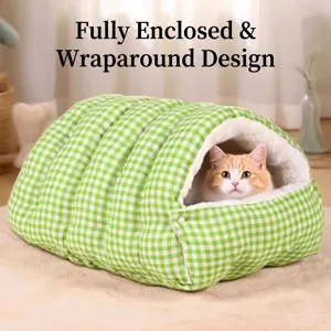 Cama para gatos cerrada a cuadros verdes cálida con interior de felpa blanca suave