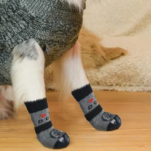 Close-up view of a dog wearing grey anti-slip knit socks with heart patterns on floor.