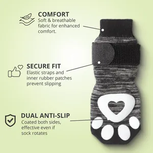 Detailansicht der rutschfesten Hundesocken mit Klettverschluss und Herz-Pfoten-Muster für Komfort
