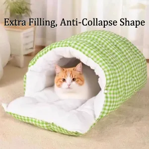 Cama túnel para gatos de cuadros verdes con forro de felpa blanca gruesa