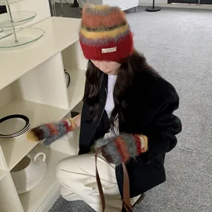 Cozy colorful striped plush beanie and mittens set for women in winter