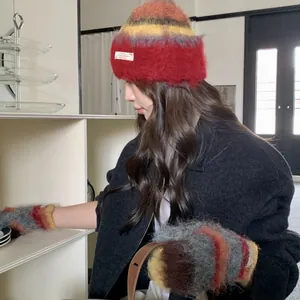 Cozy Korean style colorful striped mohair beanie hat and matching mittens set for autumn winter