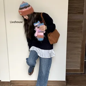 Stylish Korean style colorful fuzzy knit beanie and matching winter gloves set for women